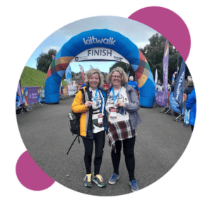 Harriet and her friend at the end of the Kiltwalk course