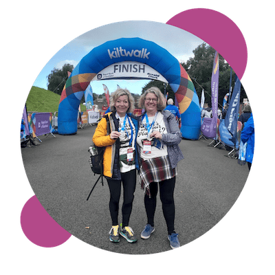 Harriet and her friend at the end of the Kiltwalk course